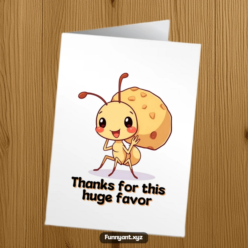 Funny Free Printable Thank You Card: Cute ant carrying a crumb much larger than itself, beaming with thanks.
