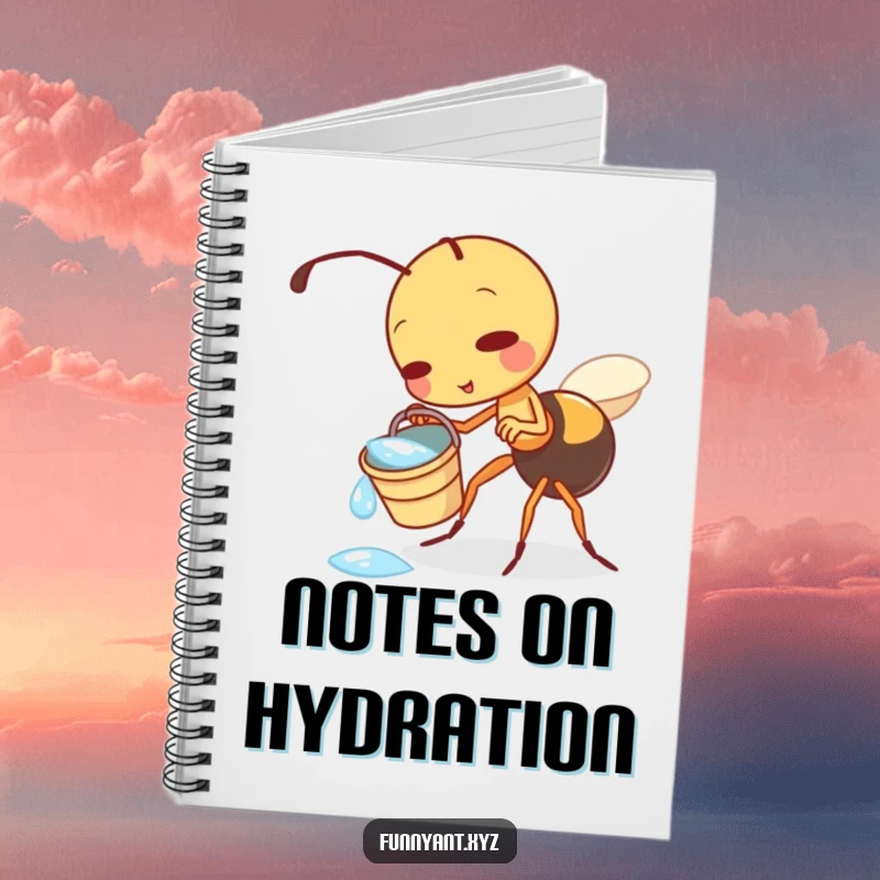 Funny notebook cover featuring a cute ant character playfully tipping a dewdrop bucket, perfect for jotting down ideas with a touch of whimsy.