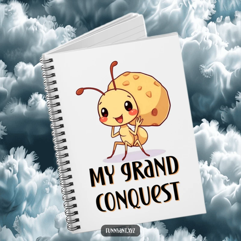 Funny notebook cover featuring a cute ant character beaming, carrying a huge crumb, perfect for planning big goals with a motivational smile.