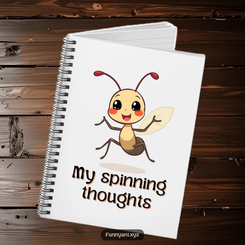 Funny notebook cover featuring a cute ant character in a joyful spin with leafy antennae, perfect for jotting down happy thoughts.