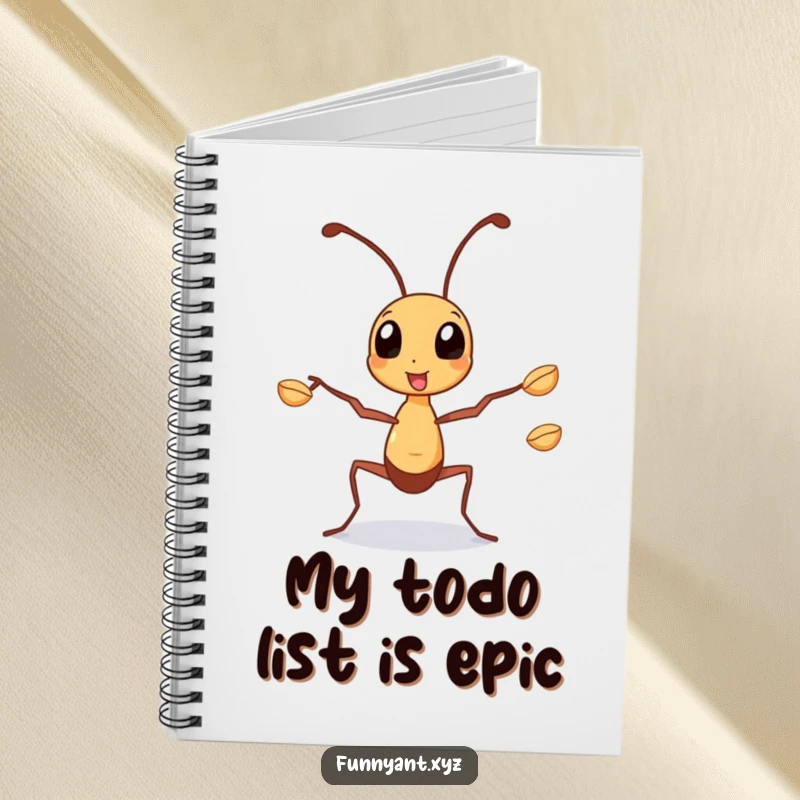 Funny Notebook: A busy ant juggling seeds with its legs, perfect for jotting down ideas and managing tasks.