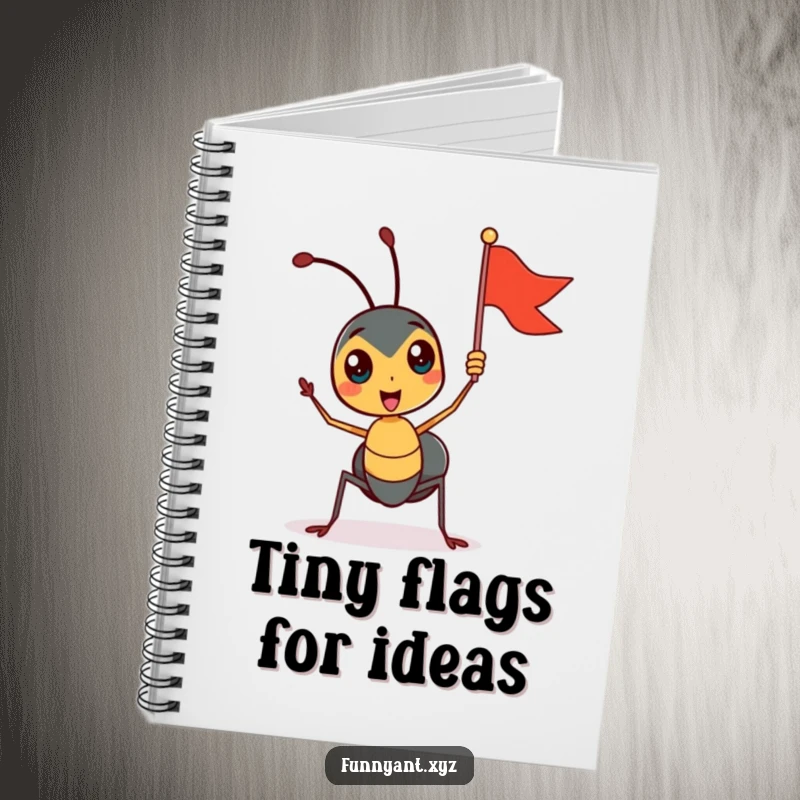 Funny notebook with a cute ant character enthusiastically waving a flag on the cover, ideal for journaling or planning with a smile.