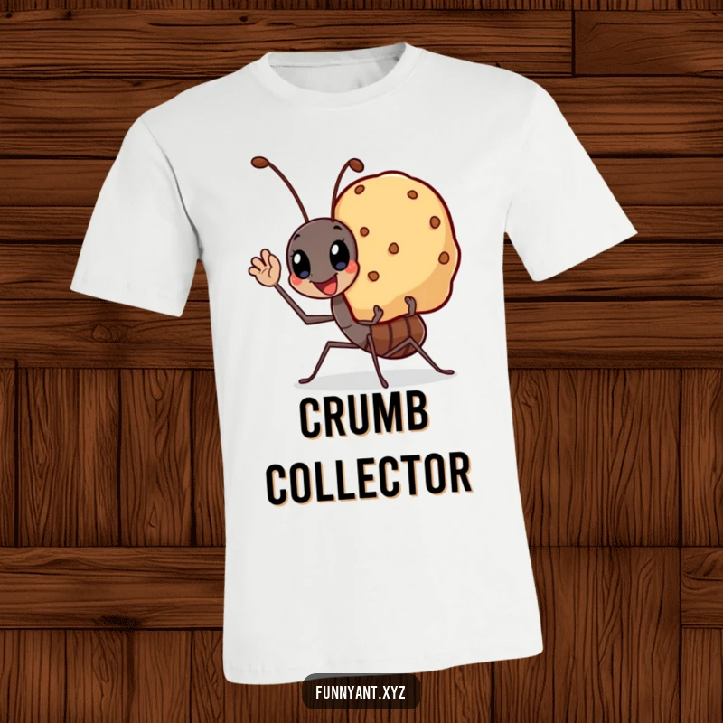 Funny T-shirt with a kawaii ant waving happily while carrying a big smiling crumb, showcasing cute and humorous determination.