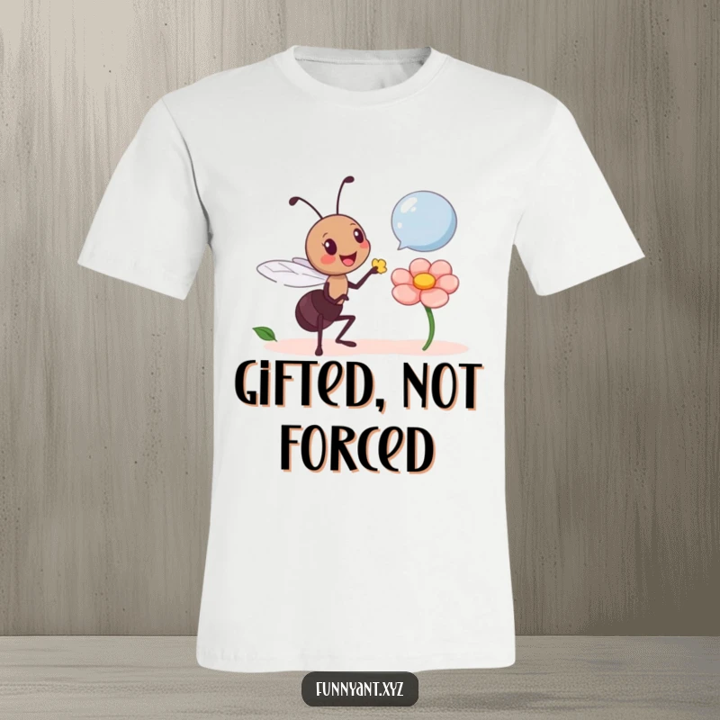 Funny Ant Offering Flower T-Shirt: A happy ant character extends a flower petal, symbolizing generosity and a friendly gesture.