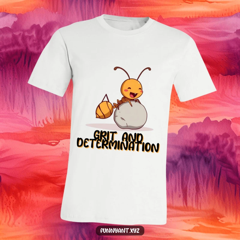 Funny Ant T-Shirt: A busy ant with a smile, triumphantly rolling a pebble much larger than itself, showcasing funny determination.