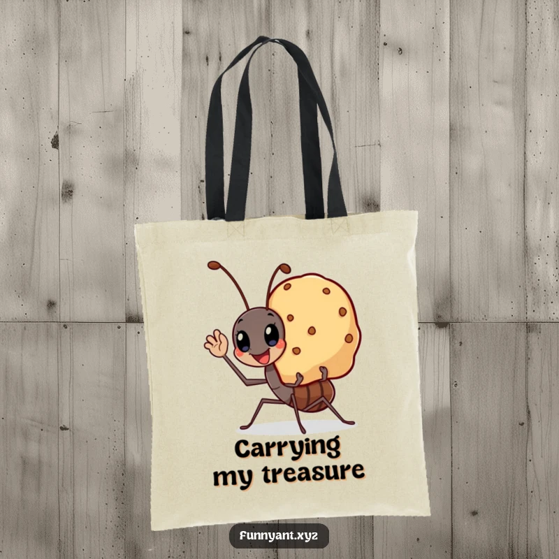 Funny tote bag with a kawaii ant waving cheerfully while carrying a large smiling crumb, perfect for humorous errands.