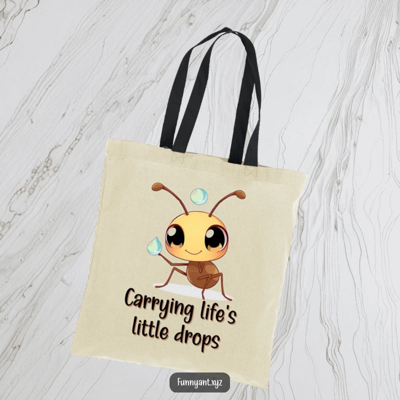 Funny Ant Tote Bag: A cute ant with curious eyes delicately balancing a dewdrop on its antenna, a practical and humorous accessory.