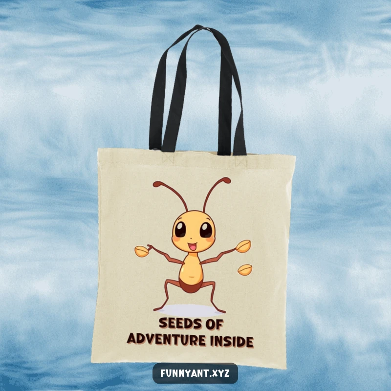 Funny Tote Bag: A busy ant juggling seeds with its legs, ideal for carrying daily essentials with a reminder of productive effort.